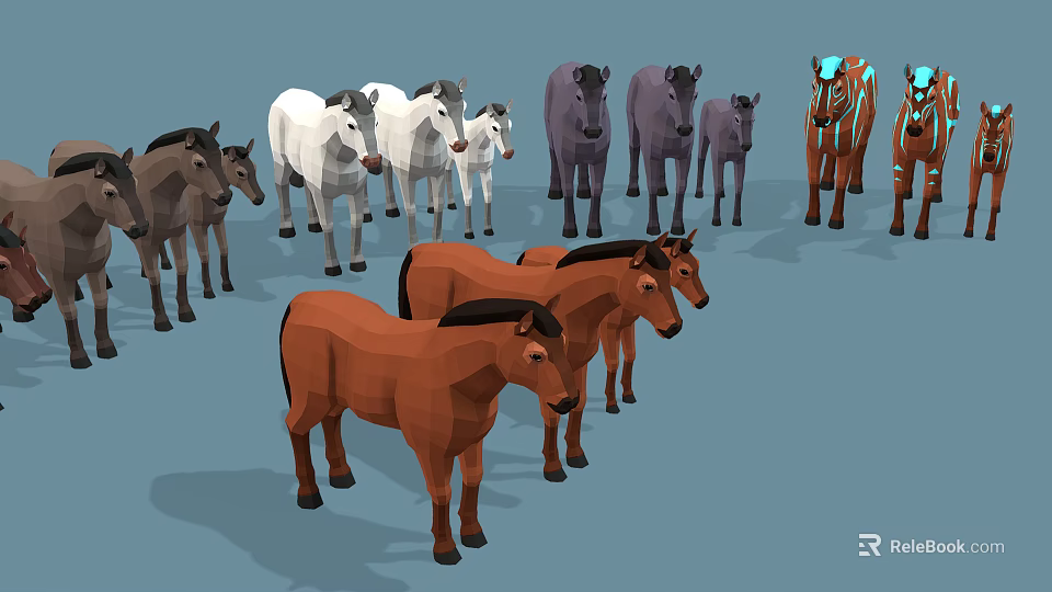 Low Poly Style Group Of Various Colored Horses In Different Sizes 3d model 