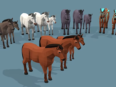 Low Poly Style Group Of Various Colored Horses In Different Sizes 3d model