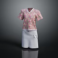 Women's Floral Print Short Sleeve V Neck Top With Gray Skirt Outfit Set