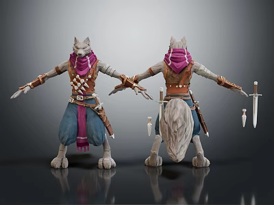 Anthropomorphic Wolf Character 3D Model With Pink Scarf Vest And Sword Front Back View 3d model