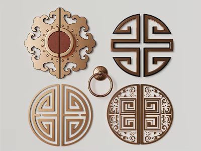 Chinese Traditional Decorative Door Handles With Classic Brass Patterns And Round Ring Design 3d model