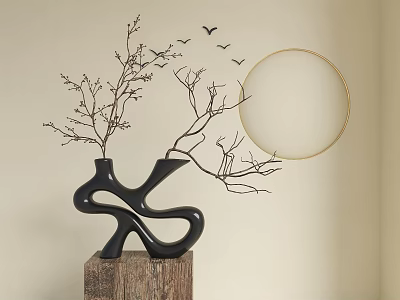 Unique Black Vase With Branches On Wooden Base And Golden Circular Decor Bird Silhouettes 3d model