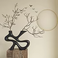 Unique Black Vase With Branches On Wooden Base And Golden Circular Decor Bird Silhouettes