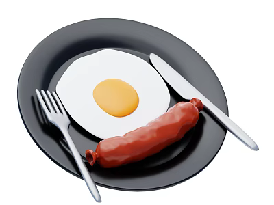 Fried Egg with Yolk and Sausage on Black Plate with Knife and Fork 3d model