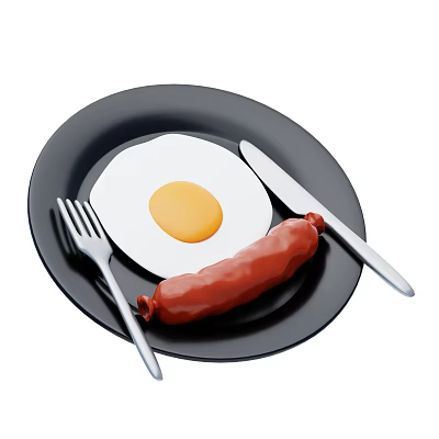 Fried Egg with Yolk and Sausage on Black Plate with Knife and Fork 3d model