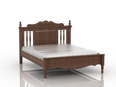 Traditional Wooden Double Bed With Carved Headboard Solid Wood Frame And White Mattress 3d model