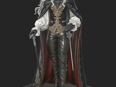 Man Wearing Elegant Black Cape White Shirt Leather Vest And Cane With Sword 3d model