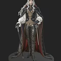 Man Wearing Elegant Black Cape White Shirt Leather Vest And Cane With Sword