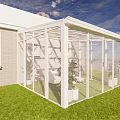 White Glass Enclosed Building With Green Grass Blue Sky And Indoor Plants Furniture