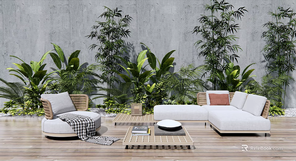 Modern Outdoor Sofa With Rattan Frame And Green Plant Decor On Wooden Garden Deck 3d model 