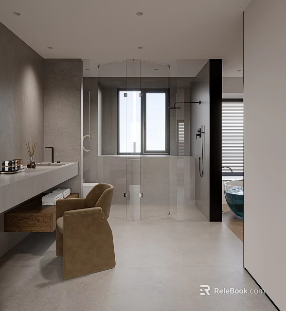Modern Bathroom Interior With Concrete Walls Glass Shower Enclosure Vanity Chair Window And Tub 3d model 