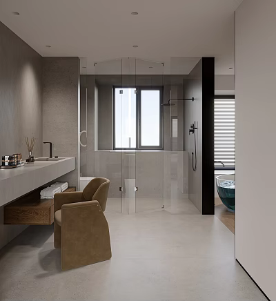 Modern Bathroom Interior With Concrete Walls Glass Shower Enclosure Vanity Chair Window And Tub 3d model