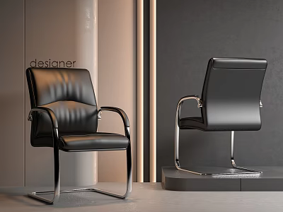 Black Leather Office Chair In Modern Design With Chrome Metal Frame And Ergonomic Backrest Support 3d model