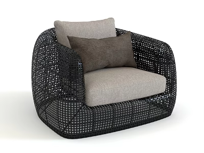 Modern Outdoor Sofa With Black Rattan Frame Light Gray Cushion And Dark Gray Pillow 3d model