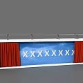 Formal Podium Setup With Red Curtain And Four Suited Figures Standing
