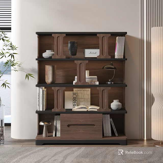 Modern Wooden Decorative Cabinet with Open Book Vase Table Lamp and Books on Shelves 3d model 