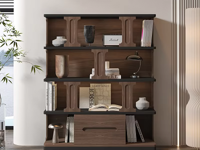 Modern Wooden Decorative Cabinet with Open Book Vase Table Lamp and Books on Shelves 3d model