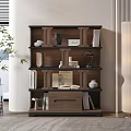 Modern Wooden Decorative Cabinet with Open Book Vase Table Lamp and Books on Shelves