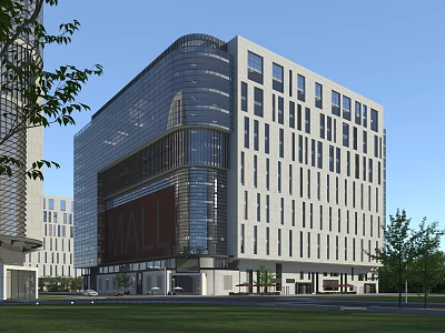 Modern Commercial Complex With Glass Facade And Multi Storey Design Surrounded By Green Area 3d model
