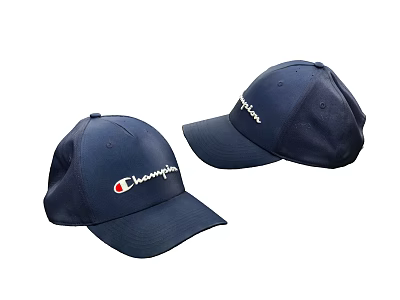 Two Navy Blue Champion Baseball Caps Featuring White Logo Design 3d model