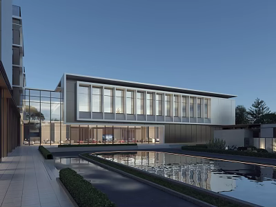 Modern Hotel Building With Glass Curtain Walls Water Pool And Surrounding Greenery Clean Lines 3d model