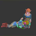 Blue Clad Golden Haired Characters Scene With Standing Supporting Prone Figure On Reflective Surface