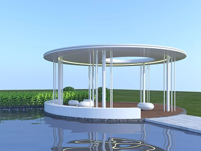 Round White Gazebo Structure With Pillars Water Reflection And Green Lawn Seats 3d model