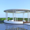 Round White Gazebo Structure With Pillars Water Reflection And Green Lawn Seats