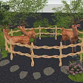 Park Landscape with Deer Rope Fence Stepping Stones Green Trees and Pink Flowers