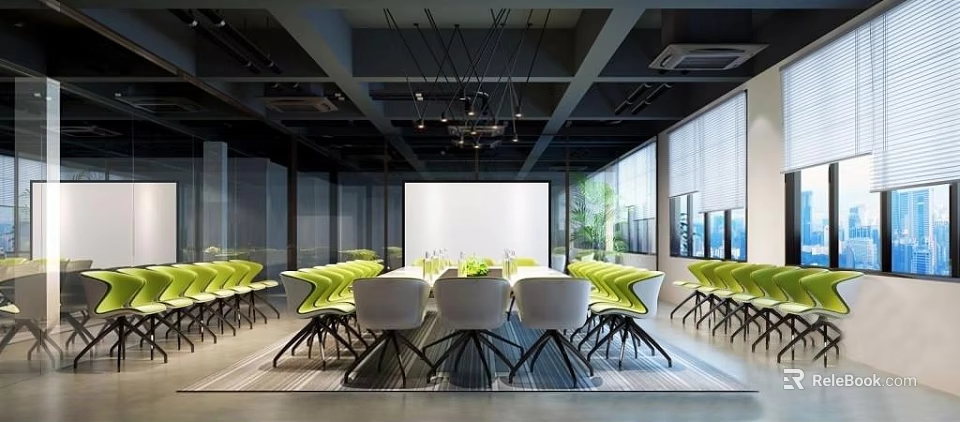Modern Meeting Room with Long Table Green Chairs White Backrests Large Screen and Floor-to-Ceiling Windows 3d model 