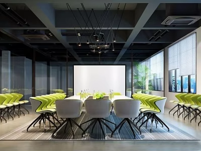 Modern Meeting Room with Long Table Green Chairs White Backrests Large Screen and Floor-to-Ceiling Windows 3d model