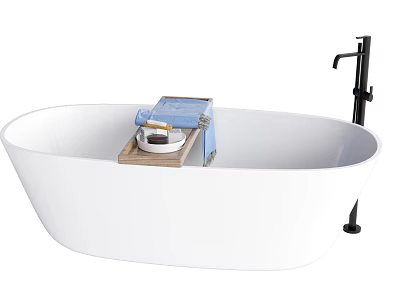 White Bathtub Interior With Wooden Tray Blue Item And White Cup Black Faucet 3d model