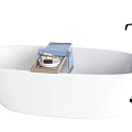 White Bathtub Interior With Wooden Tray Blue Item And White Cup Black Faucet