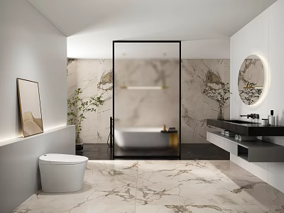 Modern Bathroom Interior With Marble Walls Glass Shower Partition Round Mirror And Bathtub 3d model
