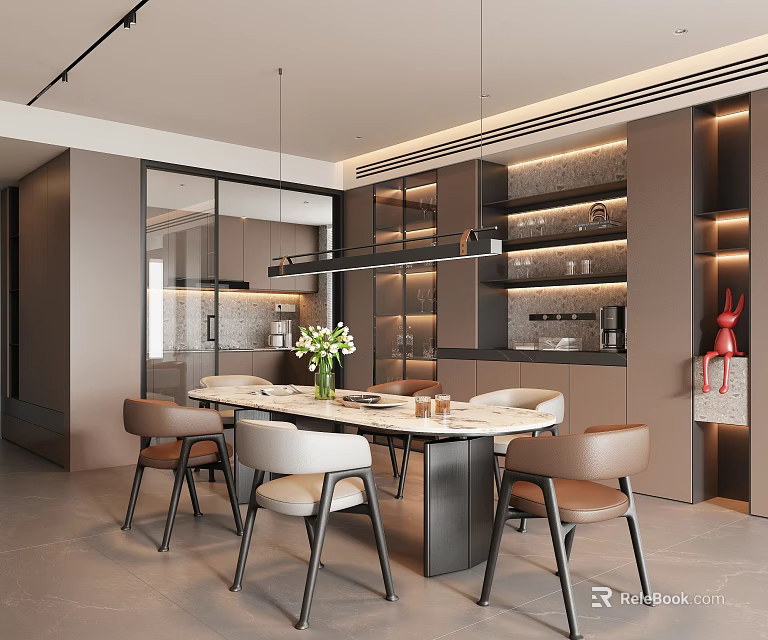 Modern Restaurant Interior With Marble Dining Table Leather Chairs Pendant Lights And Glass Cabinets 3d model 