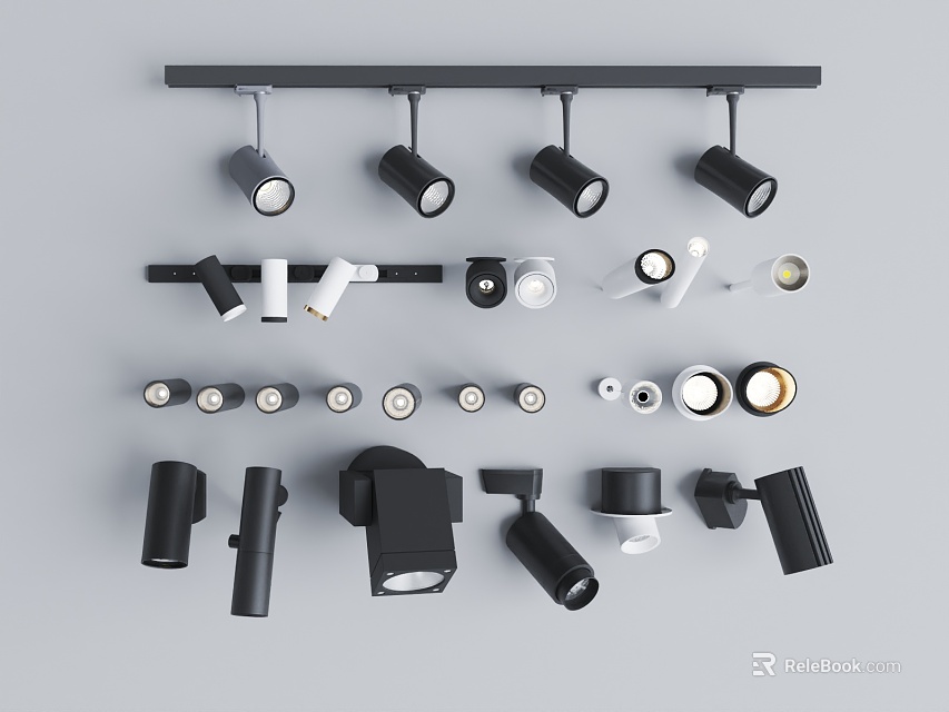 Collection of Downlights and Spotlights with Various Styles and Track Mounted Black White Designs 3d model 