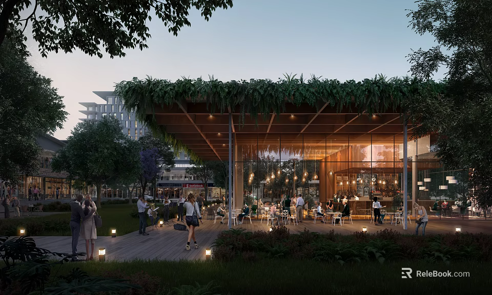 Café with Greenery Roof Wooden Structure Glass Walls Outdoor Seating Surrounded by Trees Twilight Lighting 3d model 