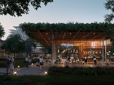 Café with Greenery Roof Wooden Structure Glass Walls Outdoor Seating Surrounded by Trees Twilight Lighting 3d model