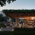 Café with Greenery Roof Wooden Structure Glass Walls Outdoor Seating Surrounded by Trees Twilight Lighting