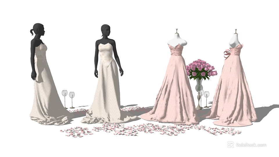 Fashion Models In White And Pink Long Dresses Surrounded By Flower Petals And Bouquet 3d model 