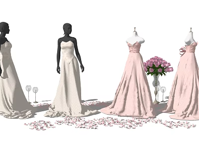 Fashion Models In White And Pink Long Dresses Surrounded By Flower Petals And Bouquet 3d model