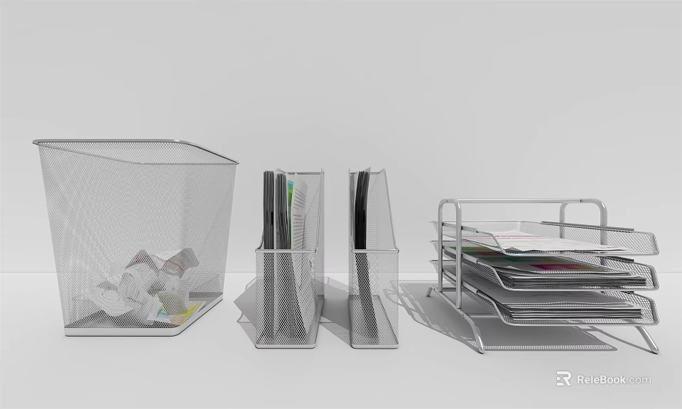 Public Facility Desk Organizers with Transparent Mesh Storage Box Pen Holders and Metal File Rack 3d model 