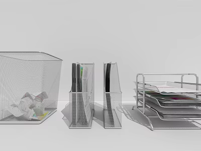 Public Facility Desk Organizers with Transparent Mesh Storage Box Pen Holders and Metal File Rack 3d model