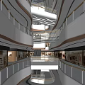 Spacious Modern Shopping Mall Atrium With Multiple Floors Curved Railings And Storefront Displays