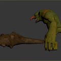 Green Skinned Fantasy Creature Character With Red Horns And Wooden Club