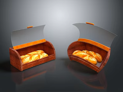 Wooden Bread Boxes With Transparent Lids And Orange Handles Holding Loaves Of Bread 3d model
