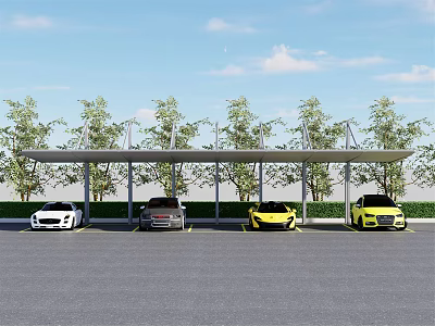 Covered Parking Lot With Parked Cars And Green Trees Under Blue Sky 3d model