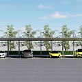 Covered Parking Lot With Parked Cars And Green Trees Under Blue Sky