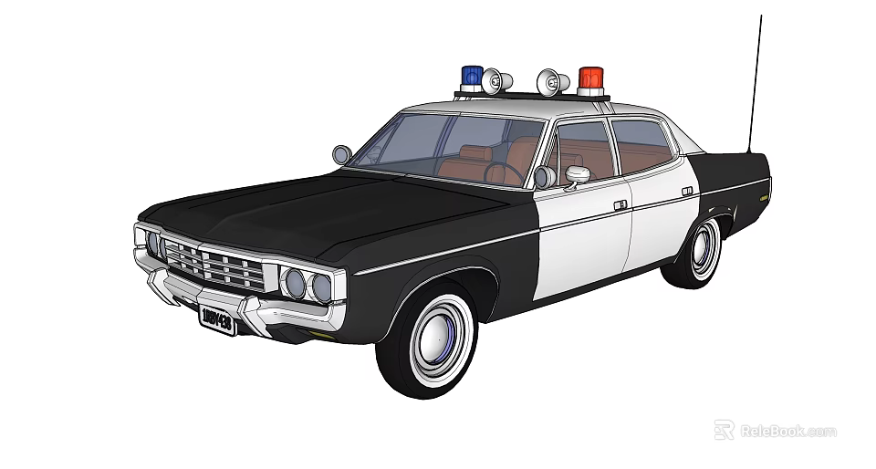Classic Black And White Police Car With Red And Blue Lights And Sedan Design 3d model 