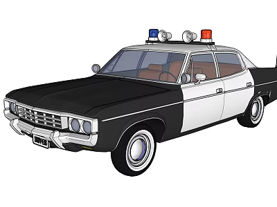 Classic Black And White Police Car With Red And Blue Lights And Sedan Design 3d model